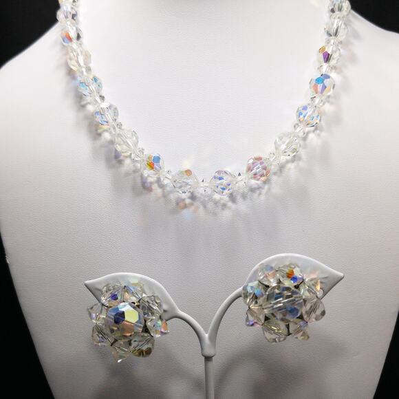 Vintage AB Crystal Beaded Necklace & Clip Earring Set - Picture 3 of 10
